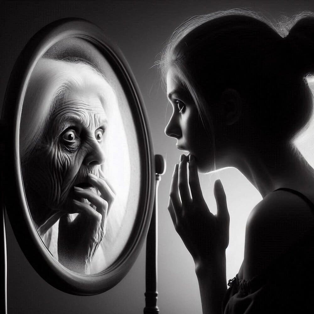 young-woman-seeing-herself-old-in-the-mirror-for-not-taking-care-of-her skin